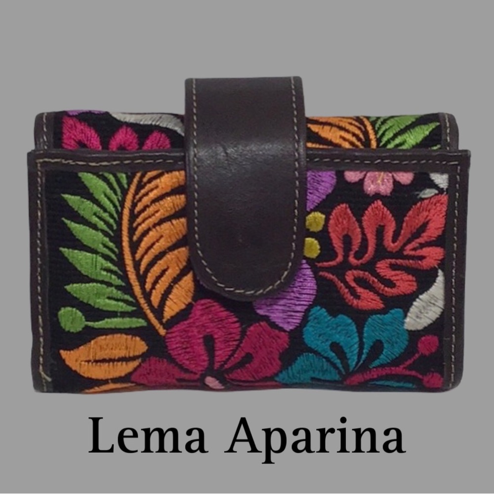 NWOT LEMA APARINA Tri-Fold Wallet, Bright Floral Embroidery, Brown Leather